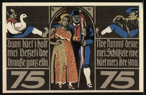 Notgeld Rothenburg o. d. T. 1921, 75 Pfennig, Ein Paar in Tracht, Schafsherde