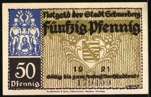 Notgeld Schneeberg 1921, 50 Pfennig, Markt und Fürstenplatz, Wappen