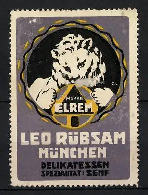 Reklamemarke Elrem Senf, Delikatessen & Spezialitäten von Leo Rübsam, München, Löwe mit Firmenlogo