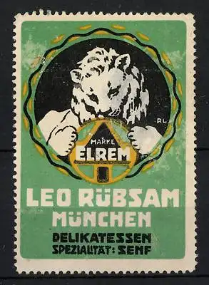 Reklamemarke Elrem Senf, Delikatessen & Spezialitäten von Leo Rübsam, München, Löwe mit Firmenlogo