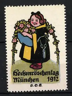 Künstler-Reklamemarke P. O. Engelhardt, München, Heckenröschentag 1912, Münchner Kindl mit Heckenrosengirlande