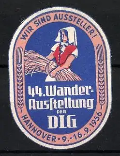 Präge-Reklamemarke Hannover, 44. Wander-Ausstellung der DLG 1956, Bäuerin mit Getreidebündel