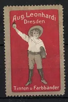 Reklamemarke Tinten und Farbbänder von Aug. Leonhardi, Dresden, Schuljunge mit Tintenfässchen