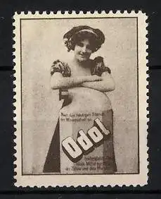 Reklamemarke Odol - Mundwasser, Frau lehnt auf einer grossen Flasche