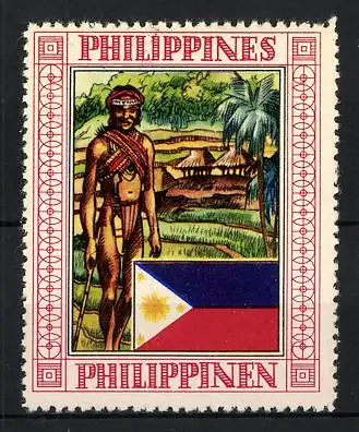 Reklamemarke Philippines / Philippinen, Eingeborener im Ort, Landesflagge