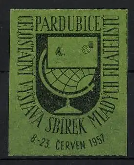 Reklamemarke Pardubice, Celostatni Vystava Sbirek Mladych Filatelistu 1957, Globus & Briefumschlag