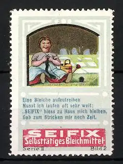 Reklamemarke Seifix selbsttätiges Bleichmittel, Mädchen beim Stricken, Serie II, Bild 2