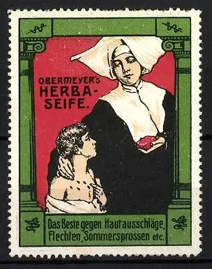 Reklamemarke Obermeyer's Herba-Seife, das Beste gegen Hautausschläge, Flechten & Sommersprossen, Nonne mit Buben