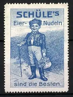 Reklamemarke Schüle's Eiernudeln sind die Besten, Knabe mit Nudeln beim Wandern