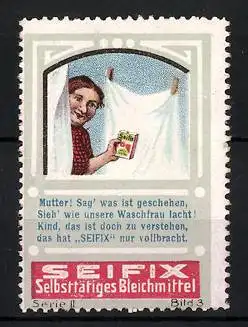 Reklamemarke Seifix selbsttätiges Bleichmittel, Waschfrau an der Wäschenleine, Serie II, Bild 3