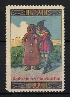 Reklamemarke Kathreiner's Malzkaffee, Mann mit Lebkuchenfigur