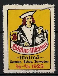 Reklamemarke Malmö, Skane-Mässan 1925, mittelalterlicher Mann mit Münzsack und Wappen