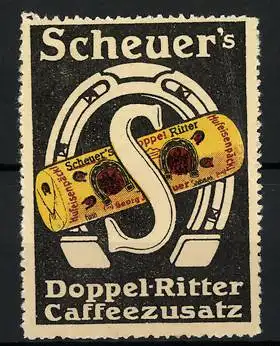 Reklamemarke Scheuer's Doppel-Ritter Caffeezusatz, Firmenlogo Hufeisen, Buchstabe S, Packung Kaffee