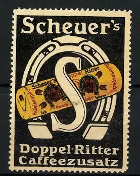 Reklamemarke Scheuer's Doppel-Ritter Caffeezusatz, Firmenlogo Hufeisen, Buchstabe S, Packung Kaffee