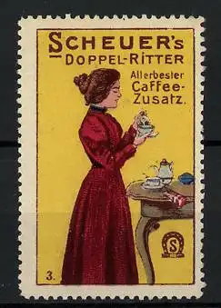 Reklamemarke Scheuer's Doppel-Ritter - allerbester Caffee-Zusatz, Frau am Kaffeetisch