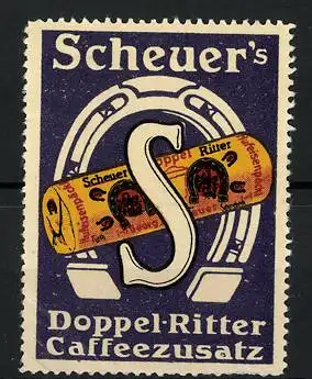 Reklamemarke Scheuer's Doppel-Ritter - allerbester Caffee-Zusatz, Hufeisen, Buchstabe S, Kaffeeschachtel