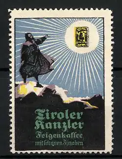 Reklamemarke Tiroler Kanzler Feigenkaffee, Mann auf Berggipfel, Kaffeepackung im Sonnenschein