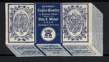 Reklamemarke Carlsbader Kaffee-Gewürz, Otto E. Weber GmbH, Radebeul, Schachtel Kaffeezusatz