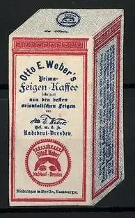 Reklamemarke Prima-Feigen-Kaffee, Otto E. Weber GmbH, Radebeul, Kaffeeschachtel