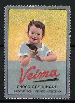 Reklamemarke Velma Chocolat Suchard, sind aromatisch und feinschmelzend, Knabe mit Schokoladentafel