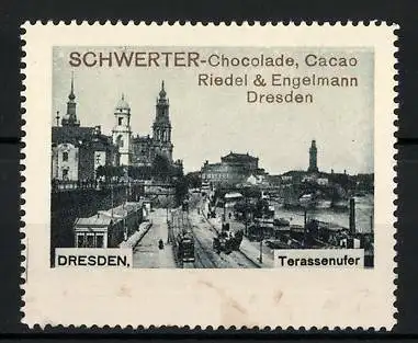 Reklamemarke Dresden, Terrassenufer, Schwerter Chocolade & Cacao, Riedel & Engelmann, Dresden