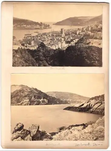 2 Fotografien unbekannter Fotograf, Ansicht Dartmouth, Panorama der Stadt, Gewässer mit Schloss