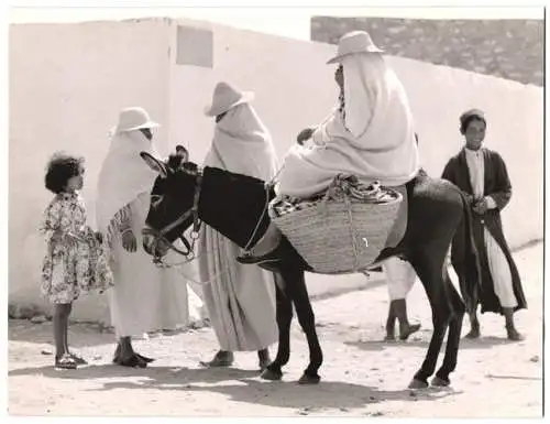 Fotografie Tunesien, Tuchhändler mit Esel auf dem Weg zum Markt