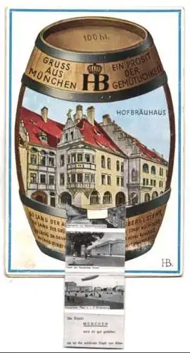 Leporello-Künstler-AK Hans Boettcher: München, Hofbräuhaus auf einem Fass, Feldherrnhalle, Bavaria, Karlstor-Rondell