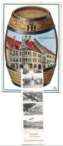 Leporello-Künstler-AK Hans Boettcher: München, Hofbräuhaus auf einem Fass, Königlicher Platz mit Zeppelin, Ludwigsbrücke