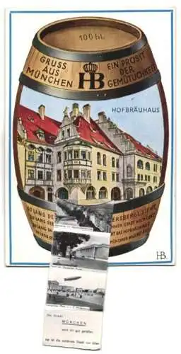 Leporello-Künstler-AK Hans Boettcher: München, Fass mit Münchner Hofbräuhaus, Königlicher Platz und Zeppelin