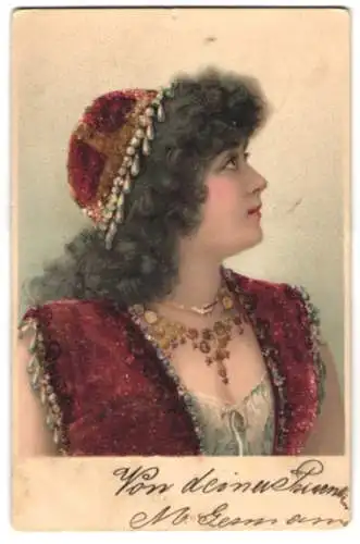 Künstler-AK Schöne junge Frau im roten Kleid mit Schmuck und Perlen, Jugendstil