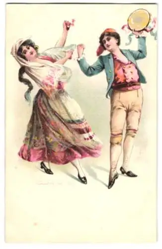 Künstler-AK Junges Paar in bunten Kleidern beim Tarantella, italienischer Tanz