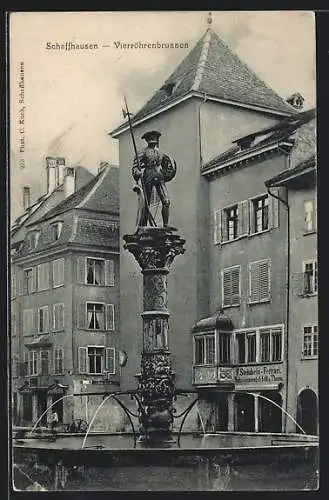 AK Schaffhausen, Schuhwaarengeschäft Bes. F. Steinbeis-Ferrari, Vierröhrenbrunnen