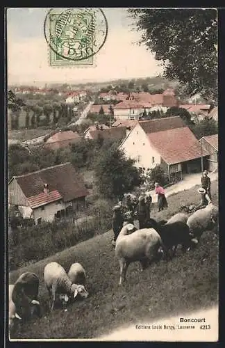 AK Boncourt, Teilansicht mit Kindern und Schafherde