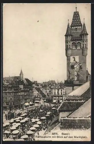 AK Basel, Rathausturm mit Blick auf den Marktplatz