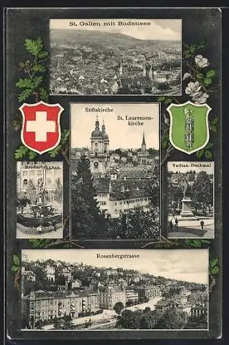 AK St. Gallen, Stiftskirche, St. Laurenzen, Vadian-Denkmal, Broderbrunnen, Rosenbergstrasse