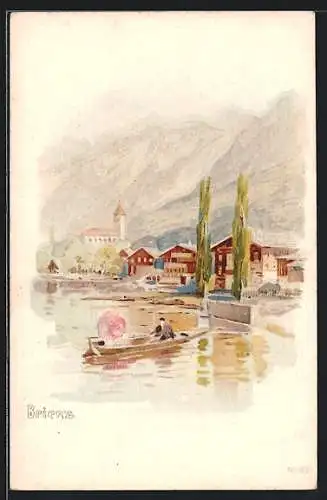 Lithographie Brienz, Paar im Ruderboot vor dem Ort