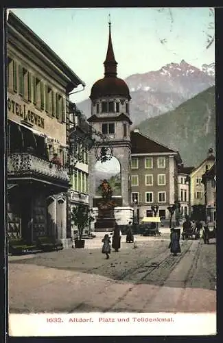 AK Altdorf, Platz, Telldenkmal und Hotel Loewen