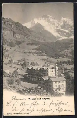AK Wengen, Ortsansicht gegen Jungfrau