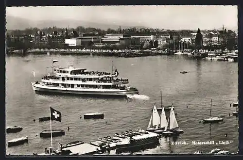 AK Zürich, Motorschiff Linth, Ortsansicht