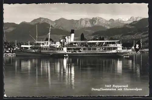 AK Rapperswil, Dampfer Stadt Zürich, Dampfbootstation mit Glarneralpen