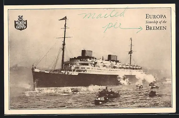 Ansichtskarte / Postkarte Passagierschiff TS Bremen, Flaggschiff Norddeutscher Lloyd: Manuskript / Papierantiquität |  - akpool GmbH
