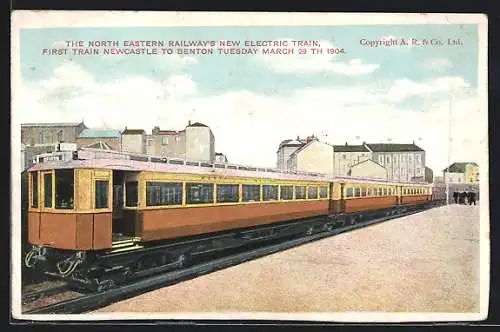 AK The North Eastern Railway`s New Electric Train, first Train Newcastle to Benton 1904, Britische Eisenbahn