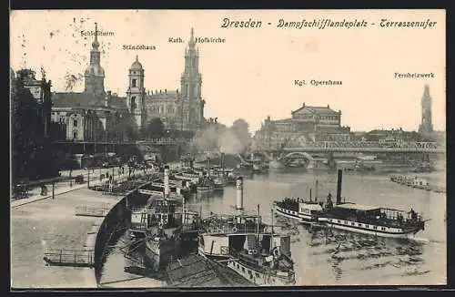 AK Dresden, Dampfschifflandeplatz, Dampfer Bastei, Terrassenufer, Kgl. Opernhaus