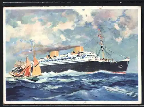 Künstler-AK Vierschrauben-Turbinen-Schnelldampfer Bremen des Nordd. Lloyds in voller Fahrt