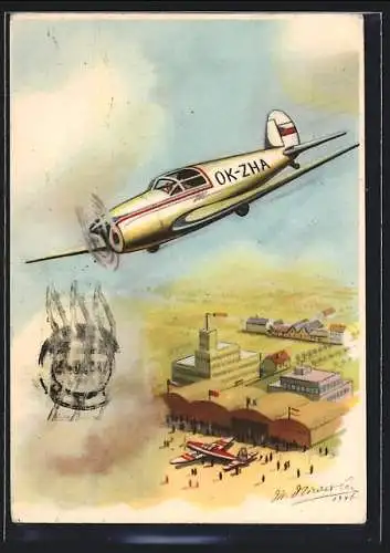 Künstler-AK Vydano na podporu ceskoslovenskeho vyboru olympijskeho, Flugzeug über der Stadt