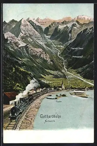 AK Flüelen, Gotthardbahn mit Blick auf die Berge, schweizer Eisenbahn