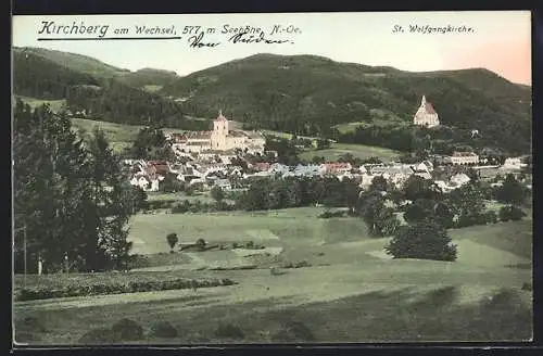 AK Kirchberg am Wechsel, Gesamtansicht mit Bergpanorama aus der Vogelschau