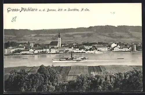 AK Pöchlarn an der Donau, Panorama, Flusspartie mit Dampfer