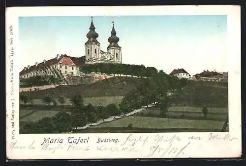 AK Maria Taferl, Bussweg, Ortsansicht mit Kirche, mit goldenen Fenstern